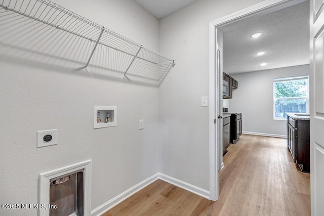 laundry area with hookup for an electric dryer, washer hookup, and light wood-type flooring