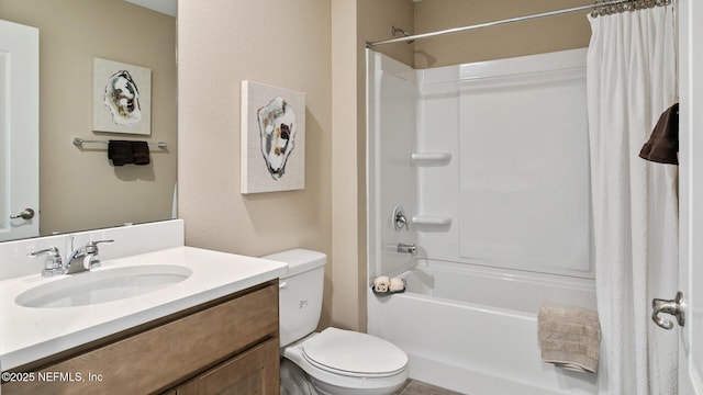 full bathroom with vanity, shower / bathtub combination with curtain, and toilet