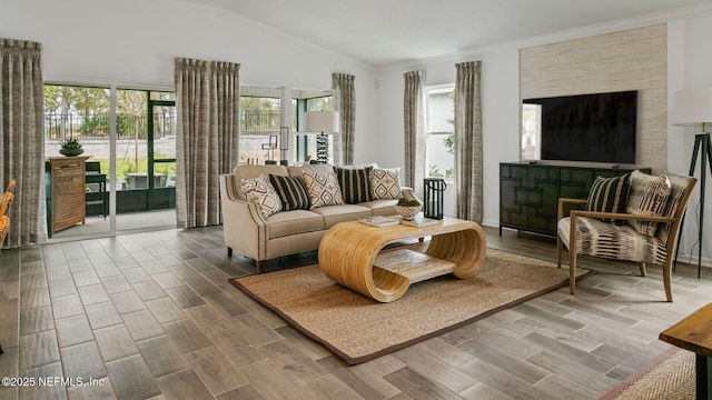 living room with crown molding and vaulted ceiling