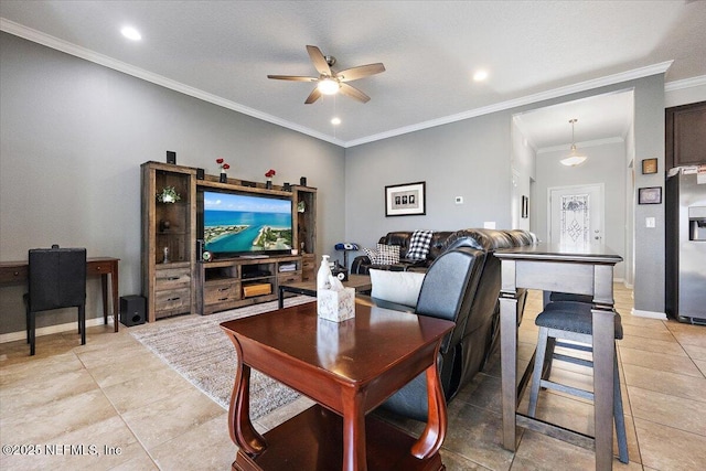 tiled living room featuring a textured ceiling, ceiling fan, and crown molding