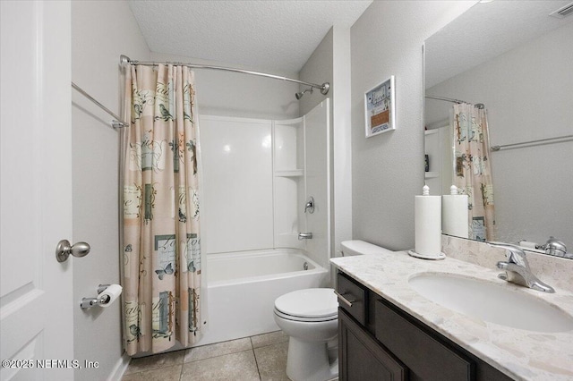 full bathroom featuring a textured ceiling, shower / tub combo with curtain, tile patterned flooring, toilet, and vanity