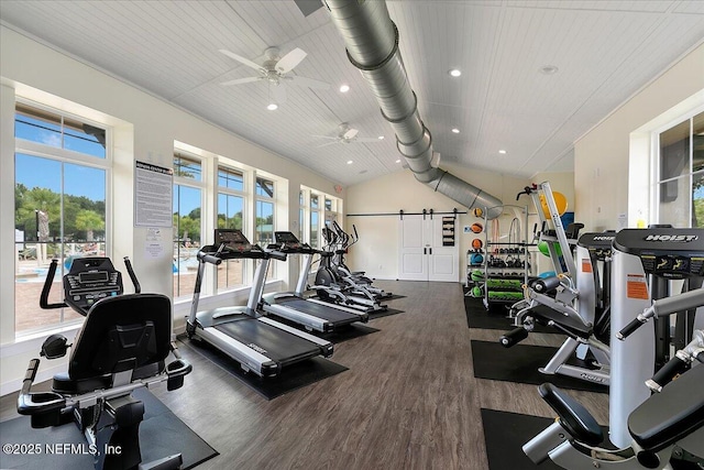 gym with ceiling fan, dark hardwood / wood-style flooring, wood ceiling, and lofted ceiling