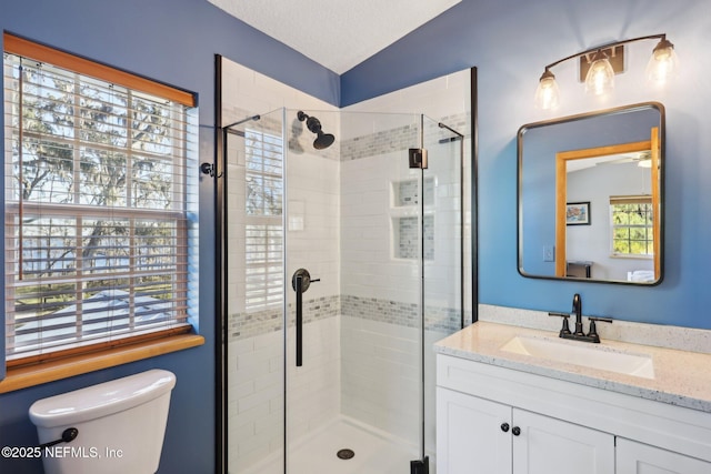 bathroom with vanity, toilet, and walk in shower