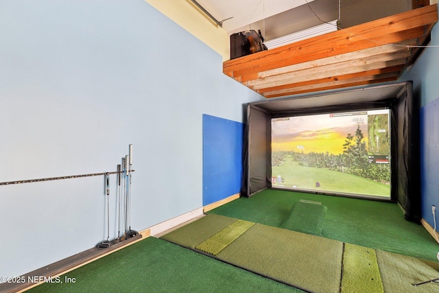 rec room featuring golf simulator and carpet