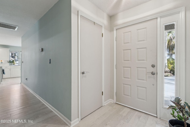 entryway with light hardwood / wood-style flooring, a healthy amount of sunlight, and a textured ceiling