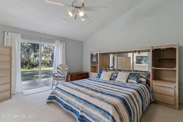 bedroom featuring access to outside, ceiling fan, light colored carpet, and vaulted ceiling