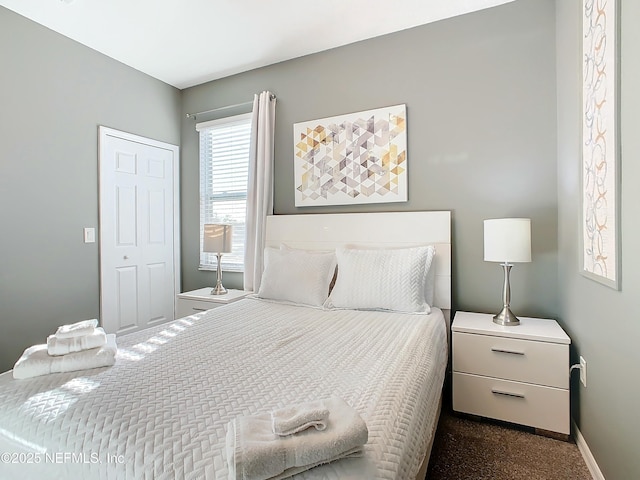 bedroom with dark colored carpet and a closet