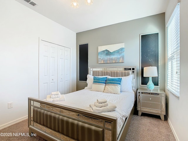 bedroom featuring carpet flooring, multiple windows, and a closet