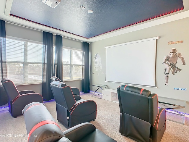 carpeted home theater room with a textured ceiling