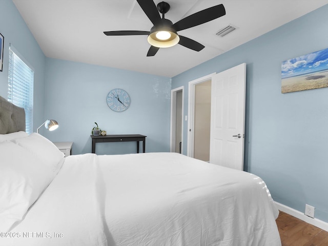 bedroom with ceiling fan and wood-type flooring