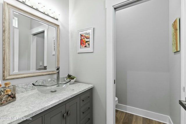 bathroom with vanity, wood-type flooring, and toilet