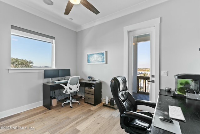 office area featuring ceiling fan, light hardwood / wood-style flooring, and a wealth of natural light