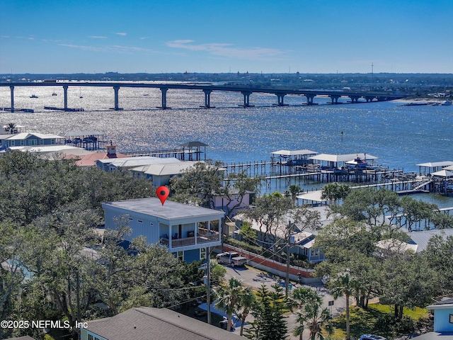 drone / aerial view featuring a water view