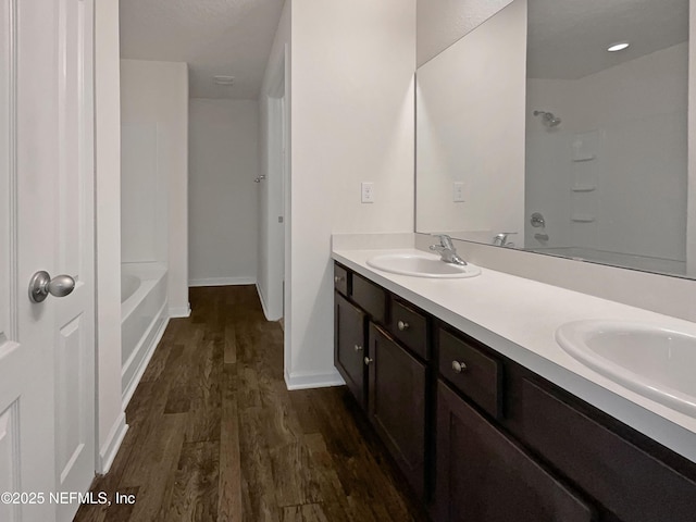 bathroom with hardwood / wood-style floors and vanity