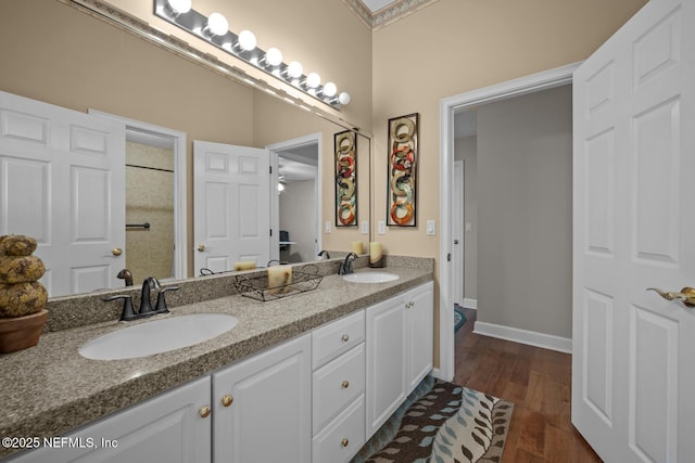 bathroom with hardwood / wood-style floors and vanity