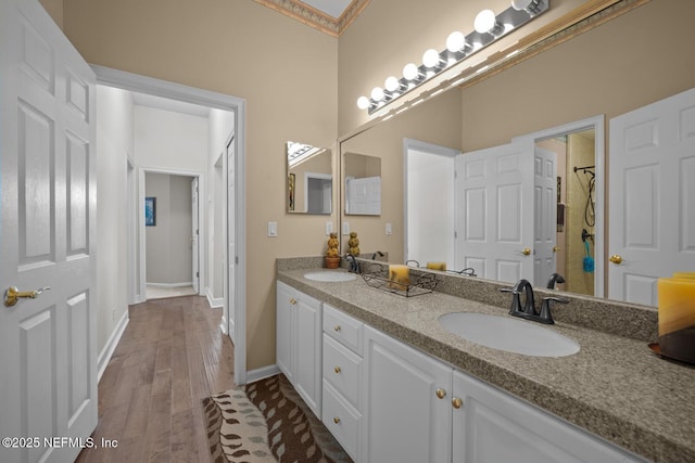 bathroom with hardwood / wood-style floors and vanity