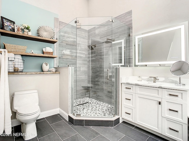 bathroom with tile patterned flooring, vanity, toilet, and walk in shower