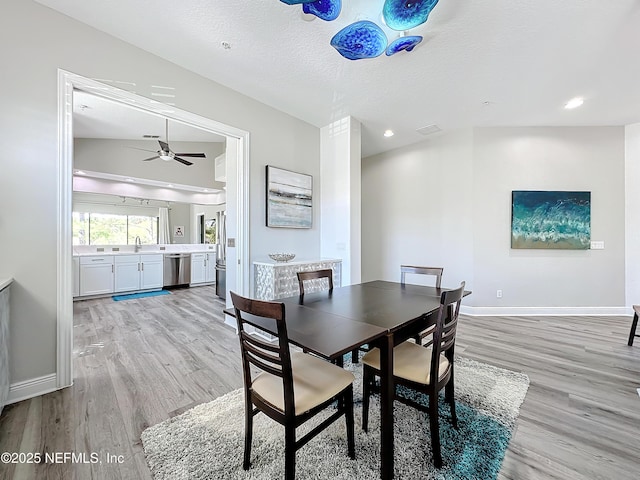 dining space with sink, a textured ceiling, ceiling fan, and light wood-type flooring