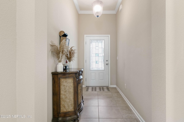 doorway featuring light tile patterned floors and ornamental molding