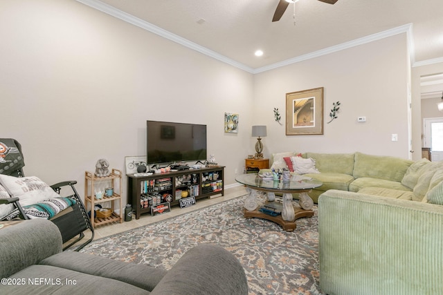 tiled living room with ceiling fan and crown molding