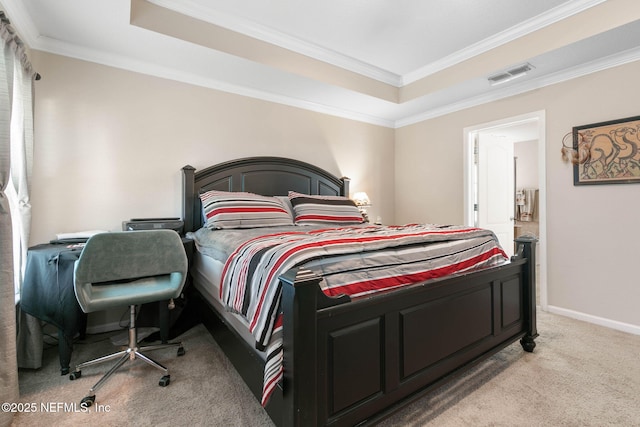 bedroom featuring light carpet, a raised ceiling, and ornamental molding