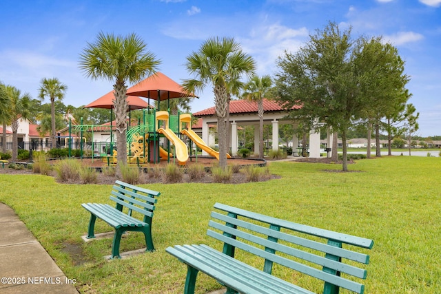 view of playground featuring a lawn