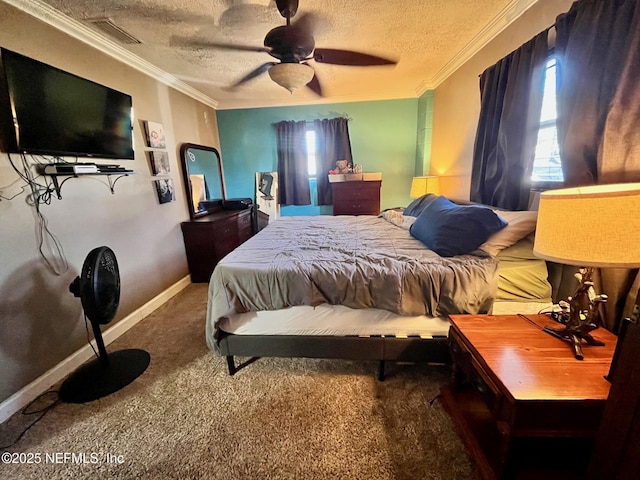 carpeted bedroom featuring ceiling fan, crown molding, and a textured ceiling