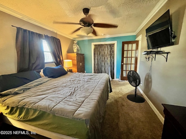 carpeted bedroom with ceiling fan, crown molding, and a textured ceiling