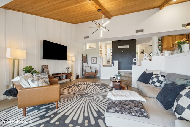 living room featuring a notable chandelier, beam ceiling, wooden ceiling, and high vaulted ceiling