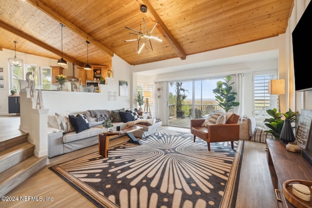 living room featuring beam ceiling, wooden ceiling, a notable chandelier, and hardwood / wood-style flooring