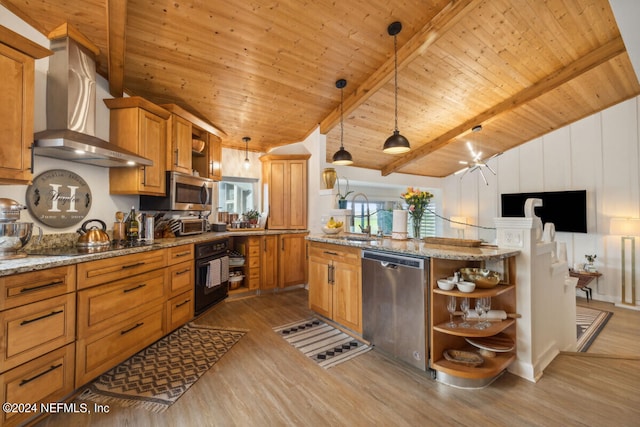 kitchen with wood ceiling, black appliances, wall chimney range hood, hardwood / wood-style floors, and hanging light fixtures