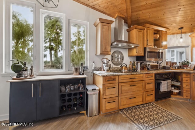 kitchen with vaulted ceiling, hanging light fixtures, wall chimney exhaust hood, and wood ceiling