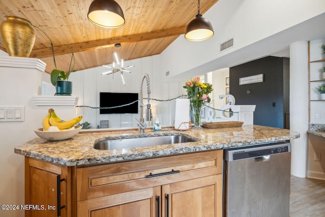 kitchen with beam ceiling, dishwasher, wood ceiling, and sink