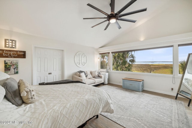 bedroom with ceiling fan, light wood-type flooring, lofted ceiling, and a closet