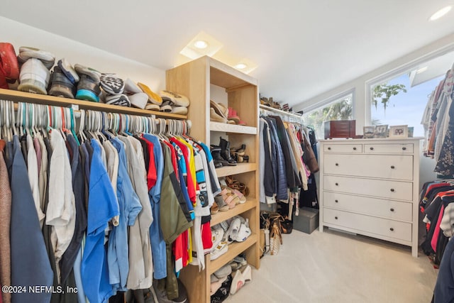 walk in closet featuring light colored carpet