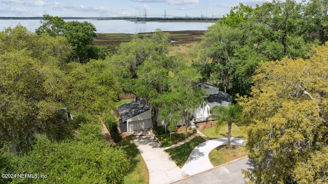 drone / aerial view with a water view