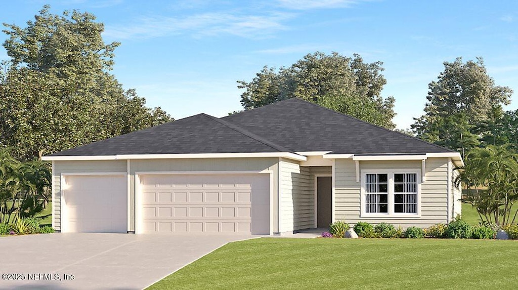 single story home with a garage and a front lawn