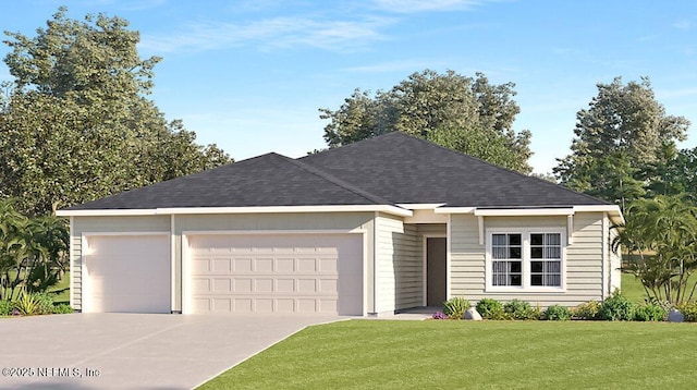 single story home with a garage and a front lawn