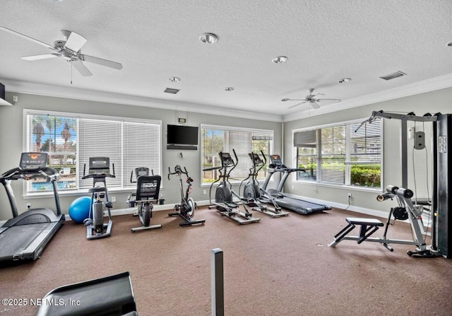 workout area with ceiling fan, crown molding, baseboards, and a textured ceiling