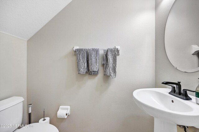 bathroom with a sink, lofted ceiling, and toilet