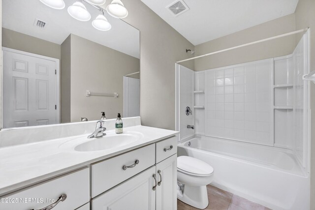 full bath featuring visible vents, shower / washtub combination, toilet, and vanity