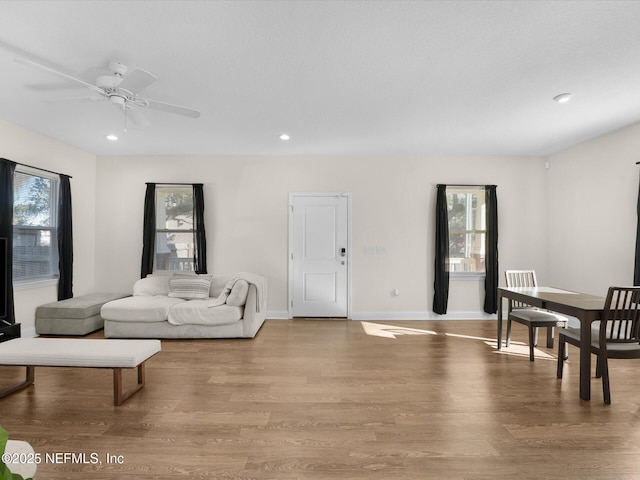 living room with ceiling fan and light hardwood / wood-style floors