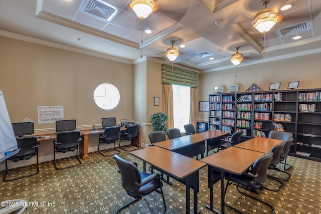 office featuring ornamental molding and carpet flooring