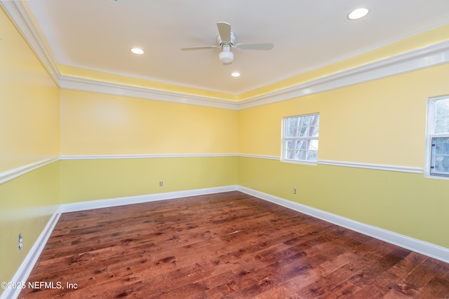 unfurnished room with ceiling fan, crown molding, and hardwood / wood-style flooring