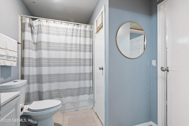 full bathroom with tile patterned flooring, vanity, toilet, and shower / tub combo with curtain