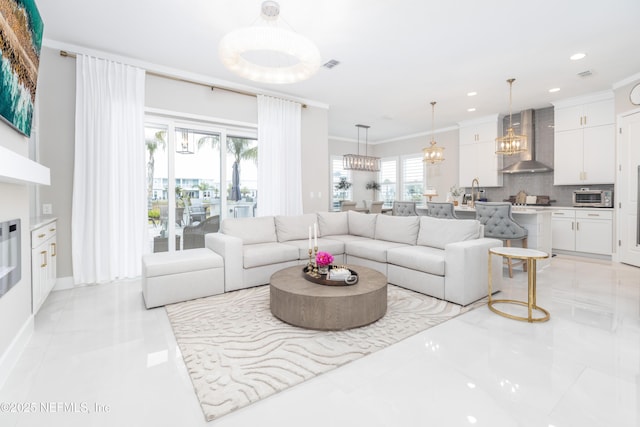 tiled living room featuring ornamental molding