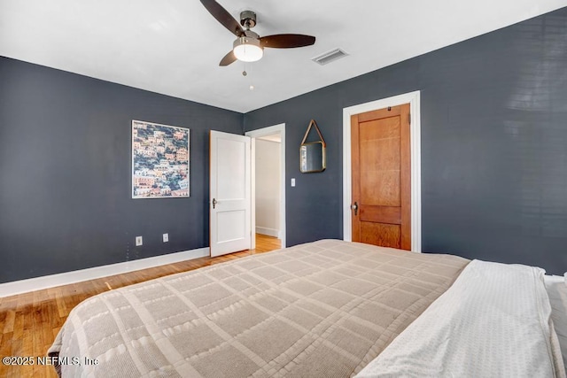 bedroom with ceiling fan and light hardwood / wood-style flooring