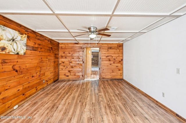 spare room featuring ceiling fan, wood-type flooring, and wooden walls