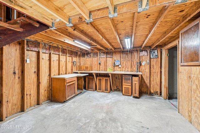 basement with wooden walls and a workshop area