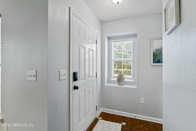 entryway featuring dark wood-type flooring and a textured ceiling